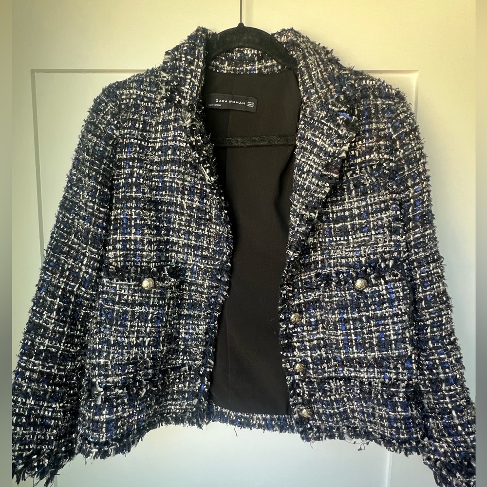 Zara Womens Boucle Tweed Black Royal Blue Fringe trimmed jacket